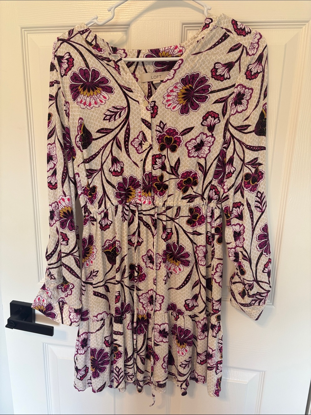 LOFT Cream Dress with Purple Floral Print - Long Sleeve